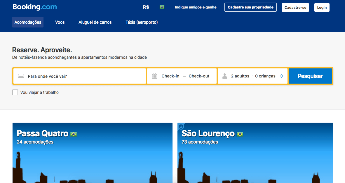 Tela inicial Booking.com