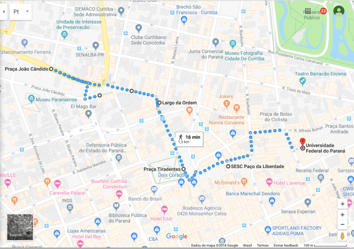 Rota Walking-tour no centro de Curitiba